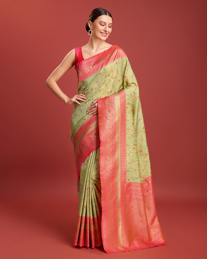 Monjolika Fashion Glamour And Tradition With This Pastel Green Color Zari Woven Banarasi Tissue Silk Saree | Swadesiicart