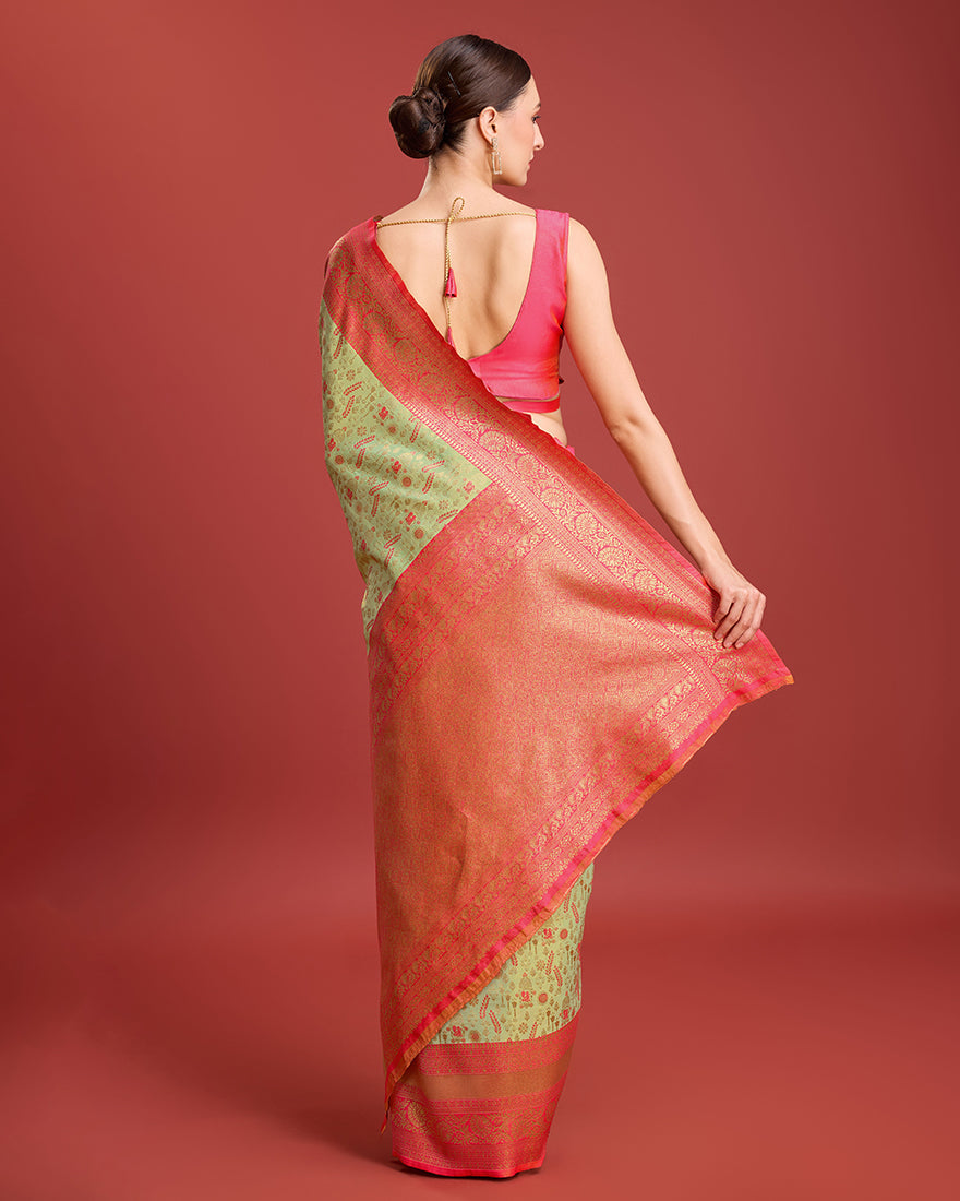 Monjolika Fashion Glamour And Tradition With This Pastel Green Color Zari Woven Banarasi Tissue Silk Saree | Swadesiicart