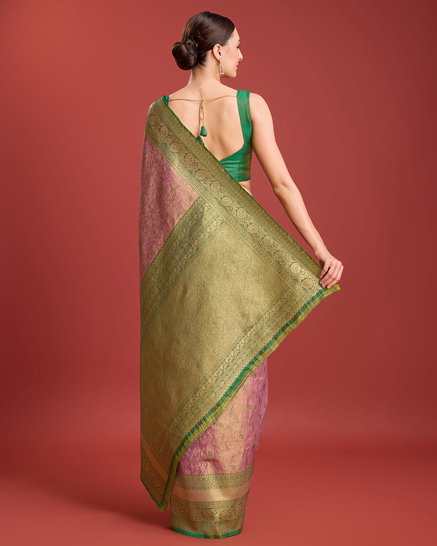 Monjolika Fashion Glamour And Tradition With This Rose Pink Color Zari Woven Banarasi Tissue Silk Saree | Swadesiicart