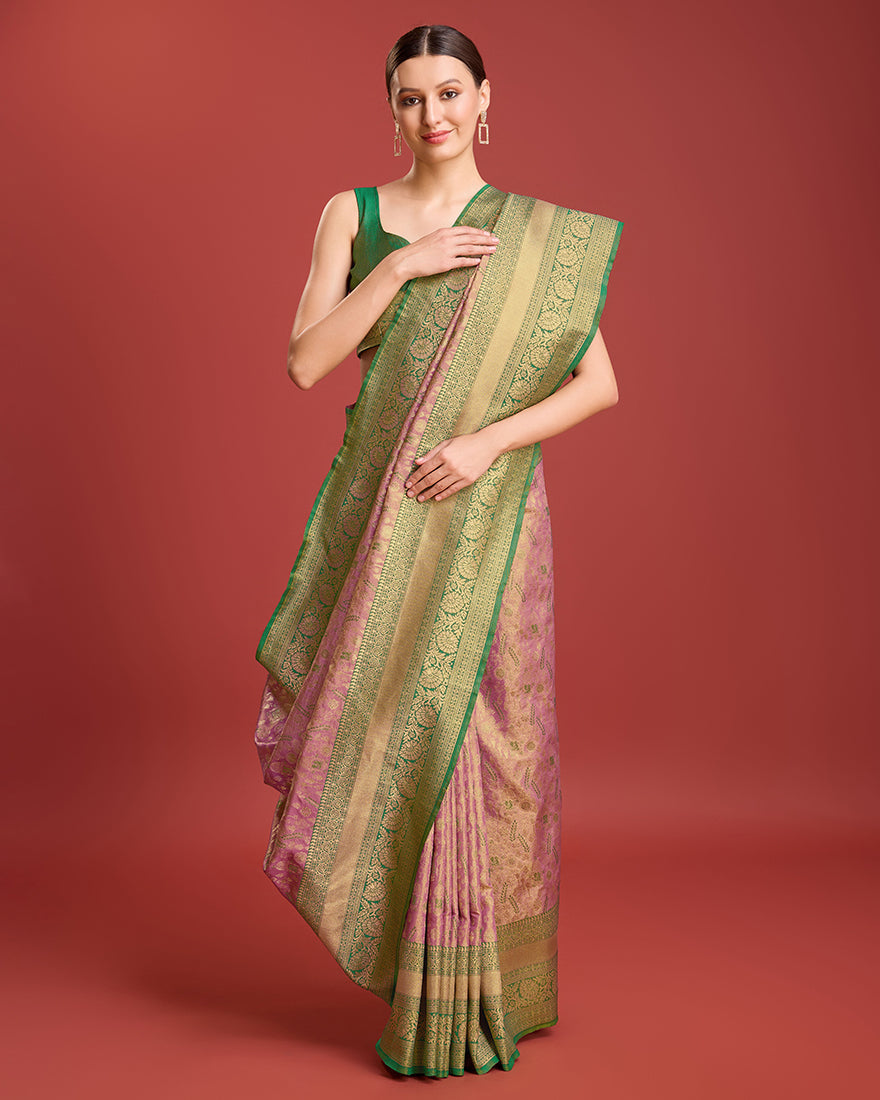 Monjolika Fashion Glamour And Tradition With This Rose Pink Color Zari Woven Banarasi Tissue Silk Saree | Swadesiicart