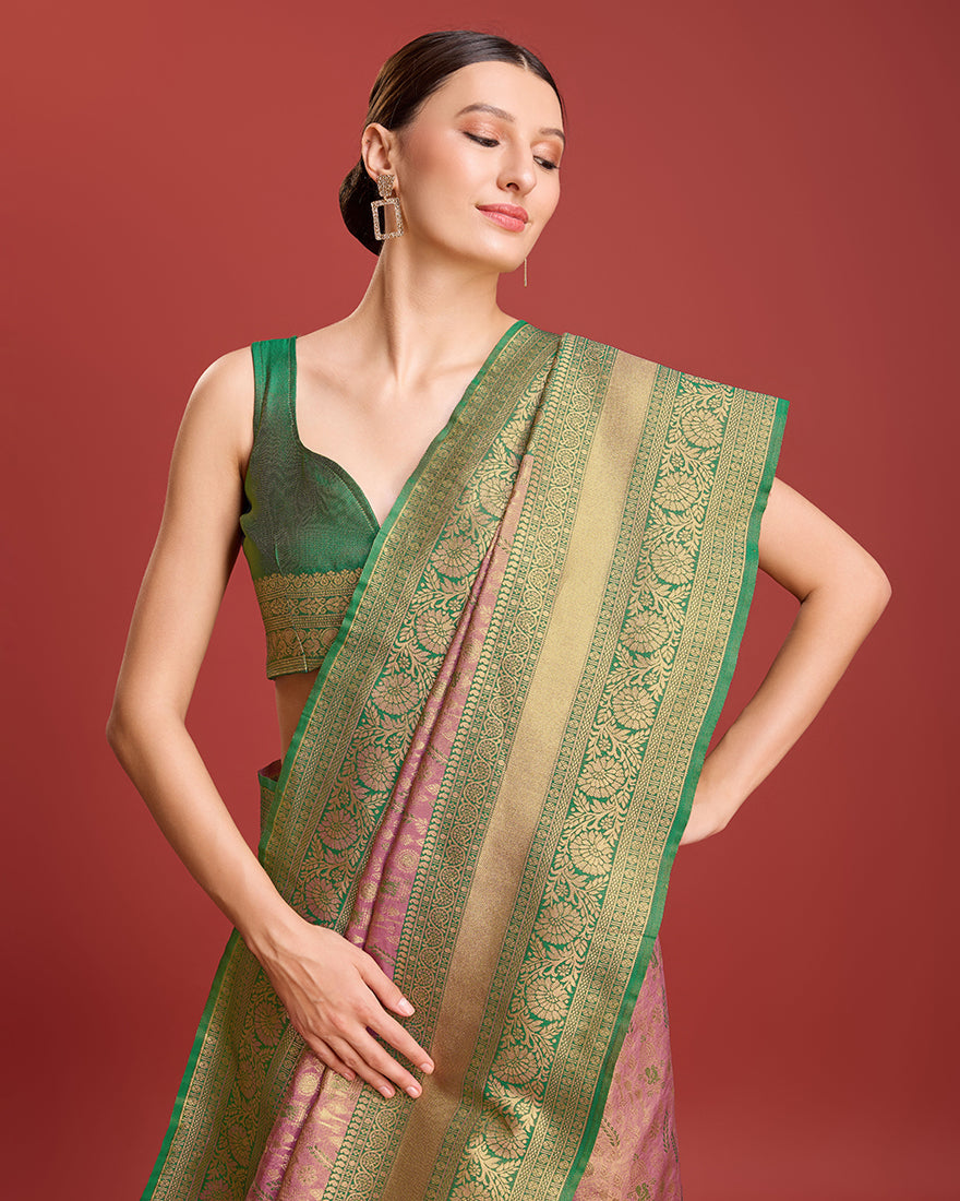 Monjolika Fashion Glamour And Tradition With This Rose Pink Color Zari Woven Banarasi Tissue Silk Saree | Swadesiicart