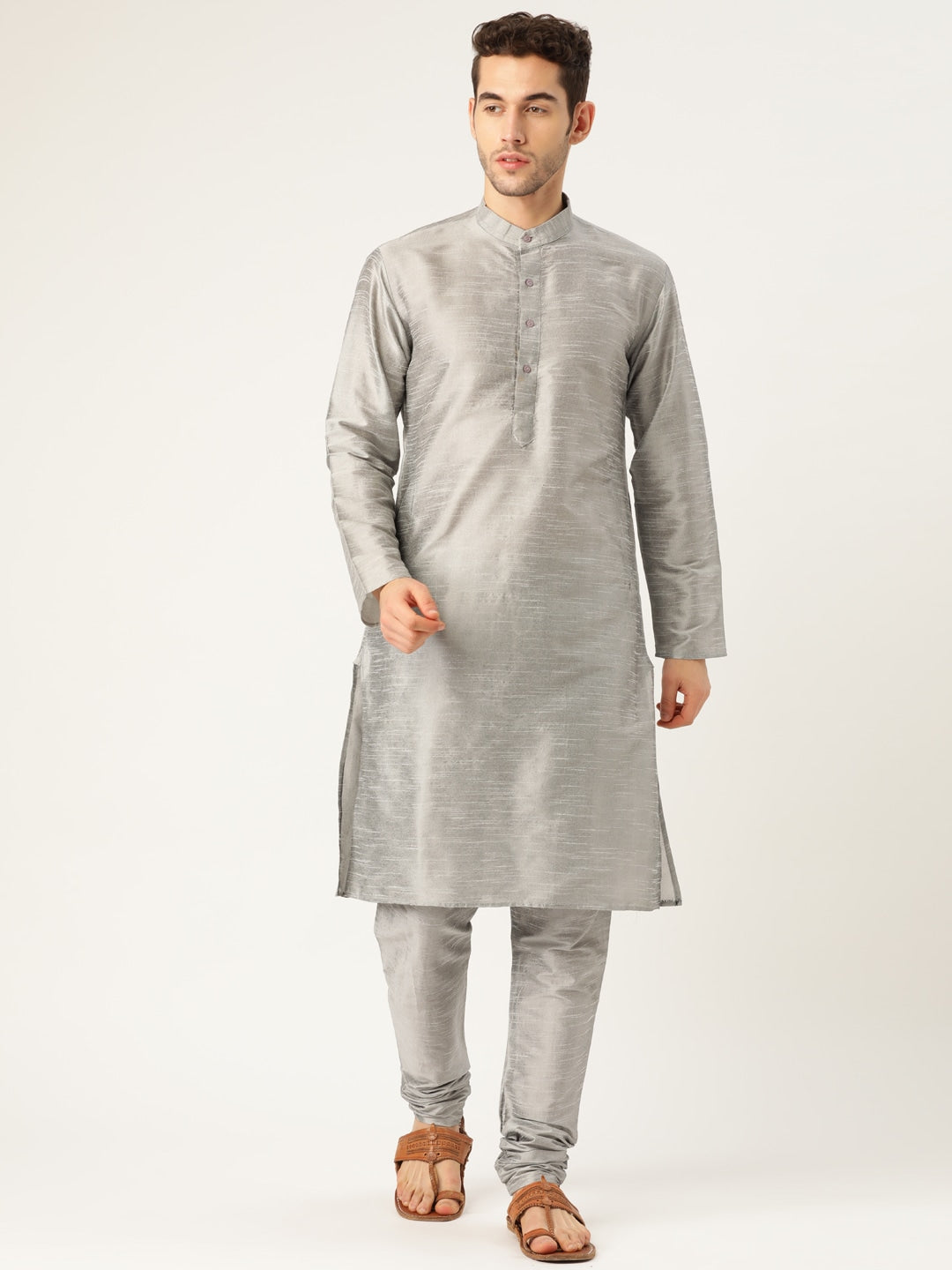 Sojanya Men Grey & Blue Solid Kurta Set with Nehru Jacket | Swadesiicart