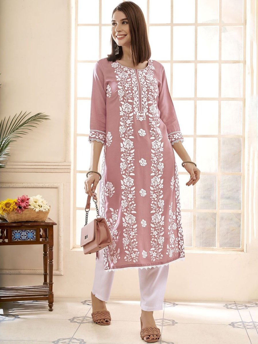 Anouk Floral Embroidered Round Neck Chikankari Straight Kurta | Swadesiicart