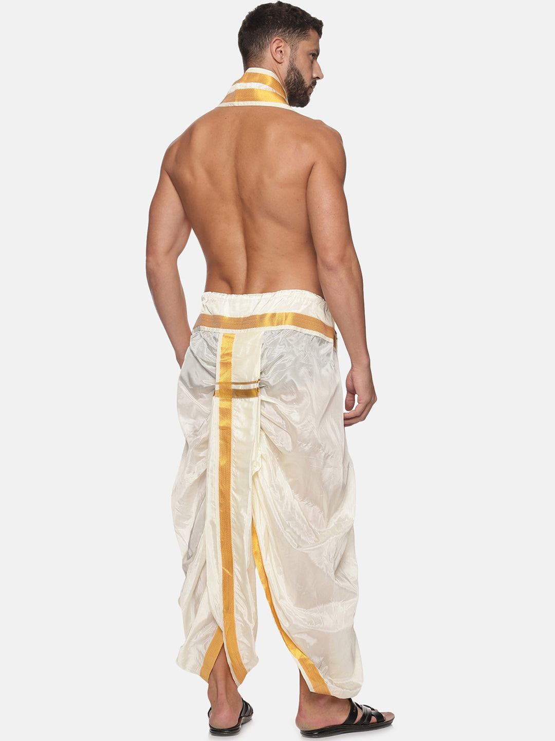 Sethukrishna Men Cream and Gold-Toned Solid Dhoti With Angavastram | Swadesiicart