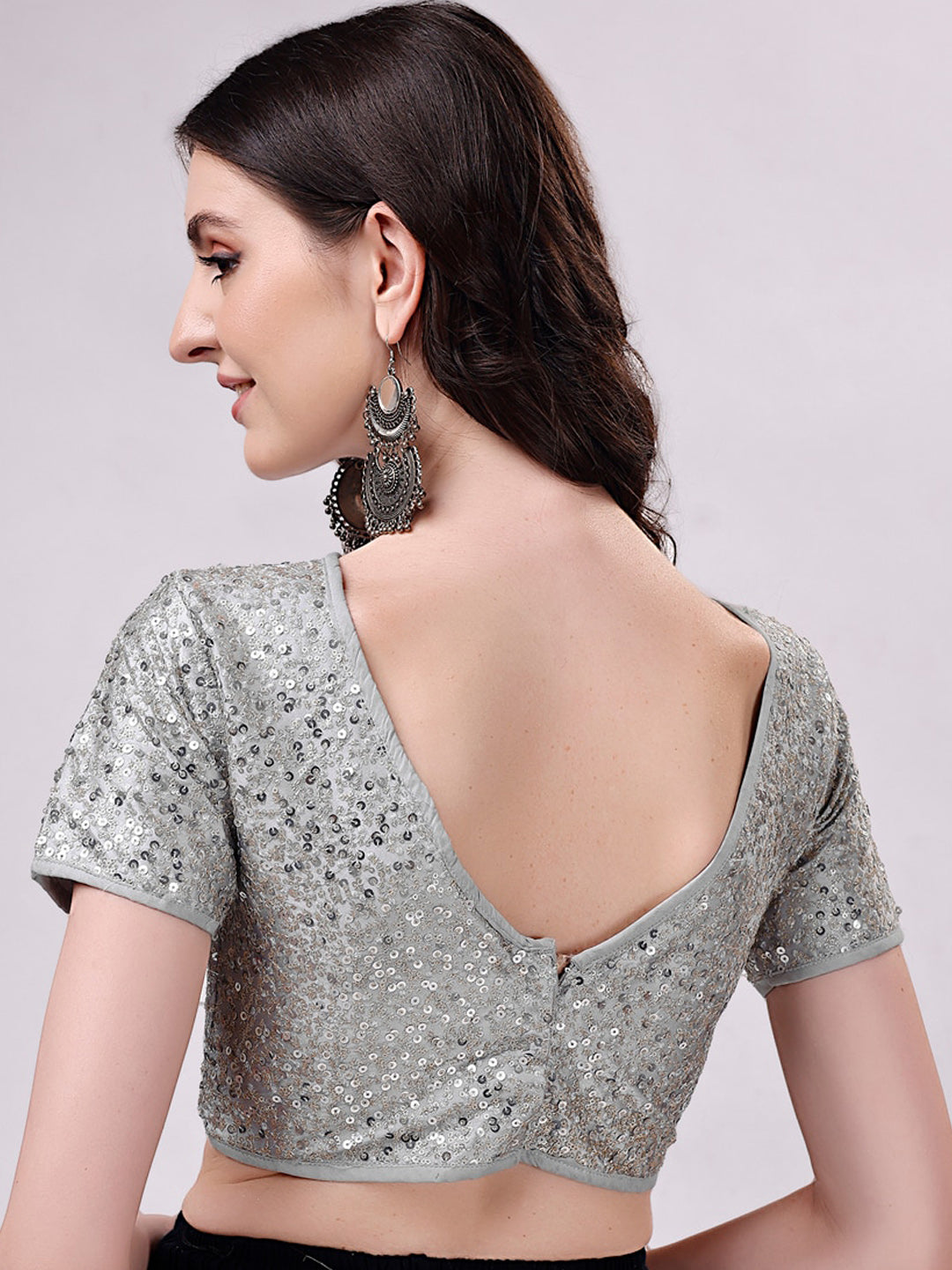 Tikhi Imli Grey Embellished Boat Neck Sequinned Detailed Saree Blouse | Swadesiicart