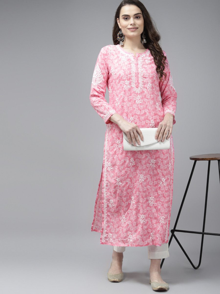 ADA Women Pink & White Floral Chikankari Cotton Handloom Kurta | Swadesiicart