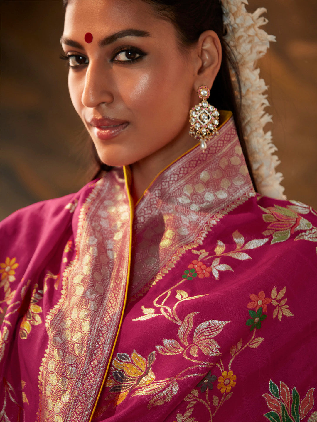 Mitera Pink & White Ethnic Motifs Zari Silk Banarasi Saree | Swadesiicart