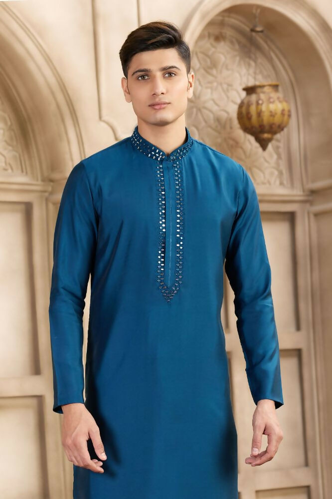 Raivat Ethnic Banarasi Art Silk Mirror Work Kurta Pajama In Blue Colour | Swadesiicart