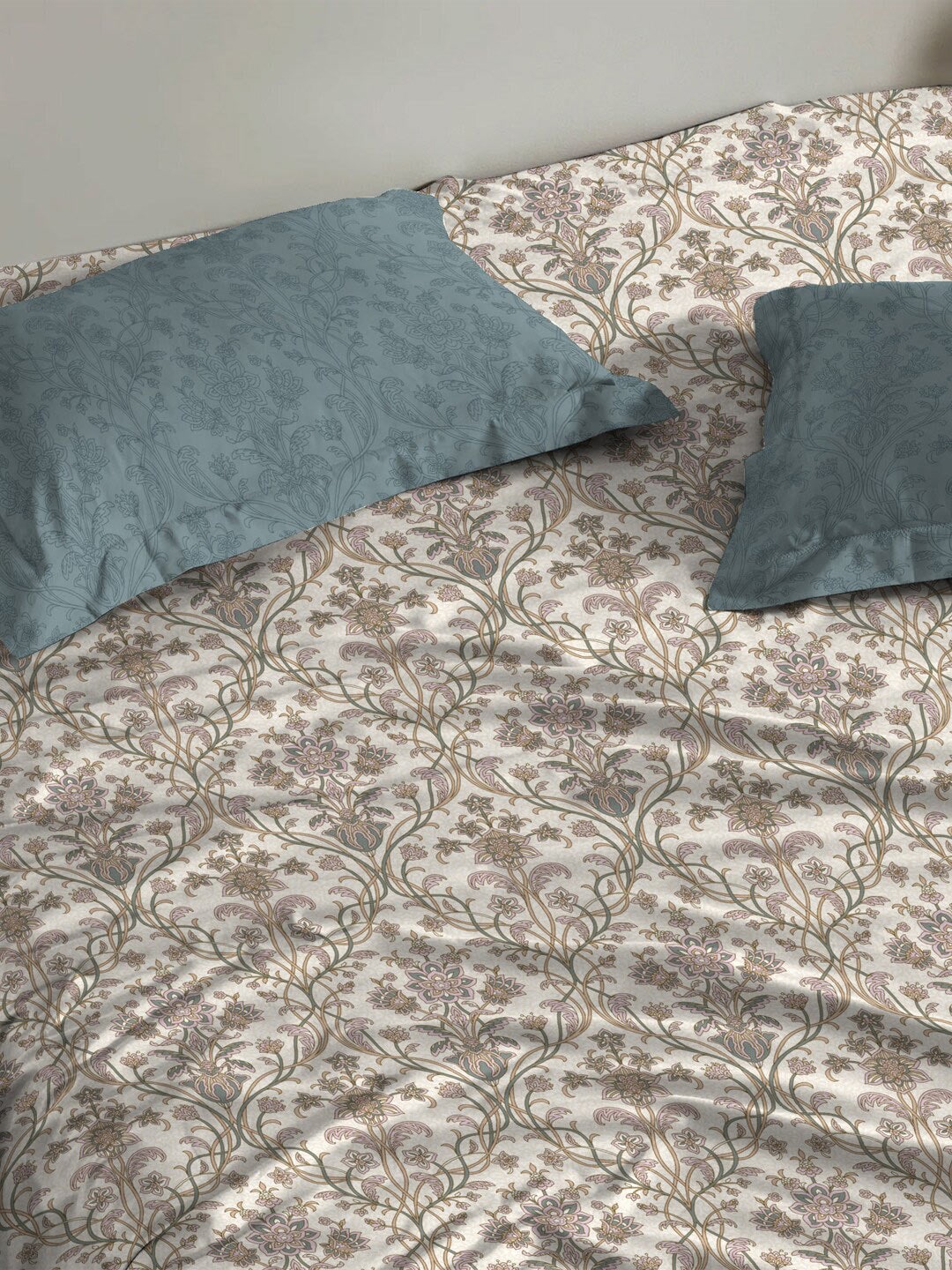 MYTRIDENT Dusk and Dawn Beige Printed Pure Cotton 144 TC Queen Bedsheet 2 Pillow Covers - Swadesiicart