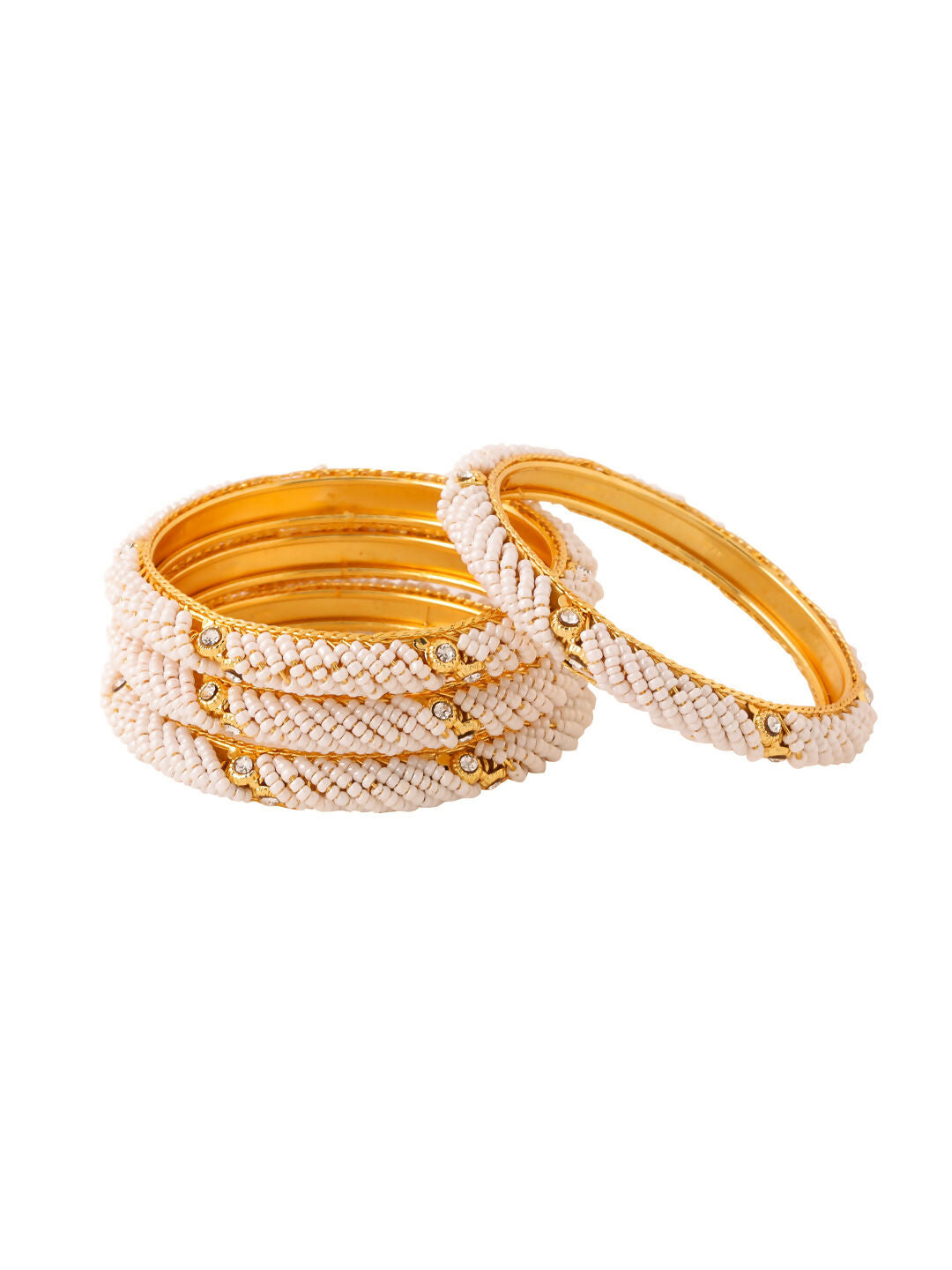 NVR Women Set of 4 Gold-Polished Traditional Pearls Beaded Bangles - Swadesiicart