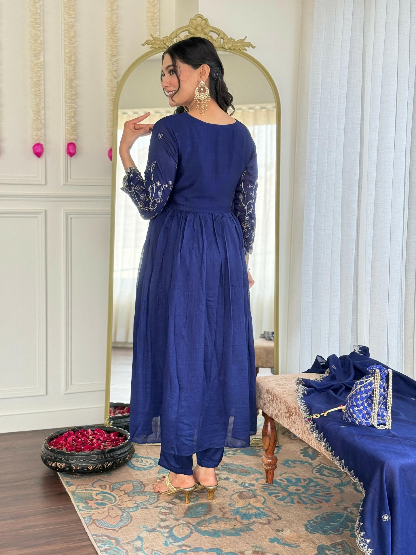 The52 Blue Women's Beautiful Embroidered Vichitra Silk Fabric with Flared Kurta, Pant and Dupatta Set - Swadesiicart