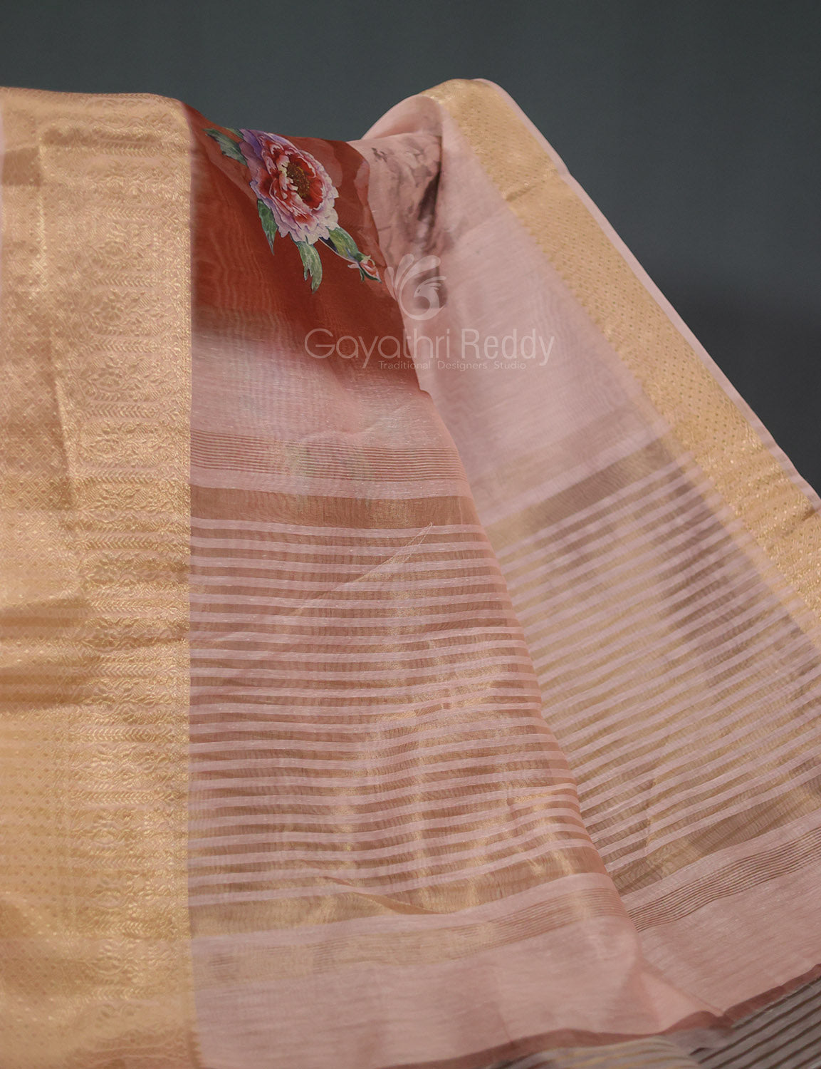 Light Rust Colour Floral Printed Semi Chanderi Saree By Gayathri Reddy Designer Studio | Swadesiicart
