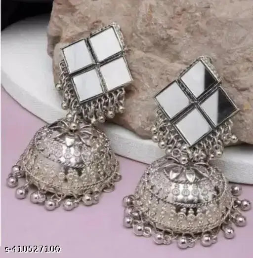 Tehzeeb Creations Women's Silver Plated Earrings With Mirror Design | Swadesiicart