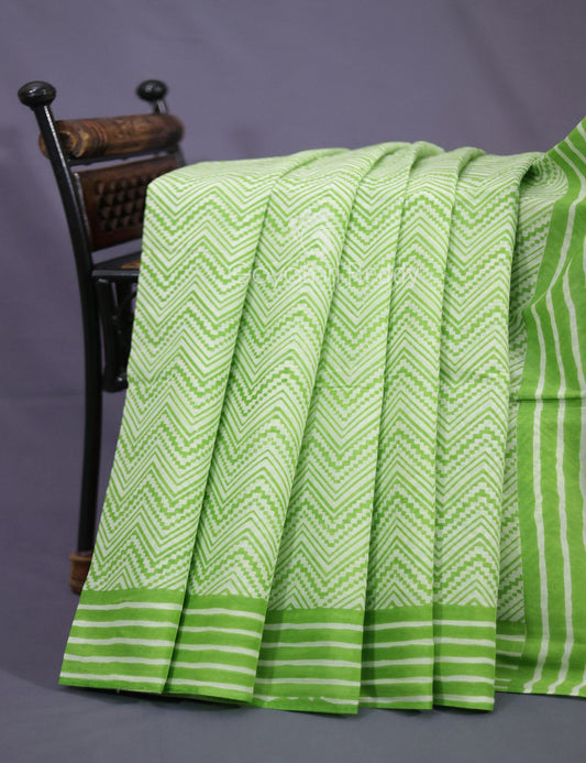 Light Green Colour Combo With Waves Print Pure Mulmul Cotton Saree By Gayathri Reddy Designer Studio | Swadesiicart