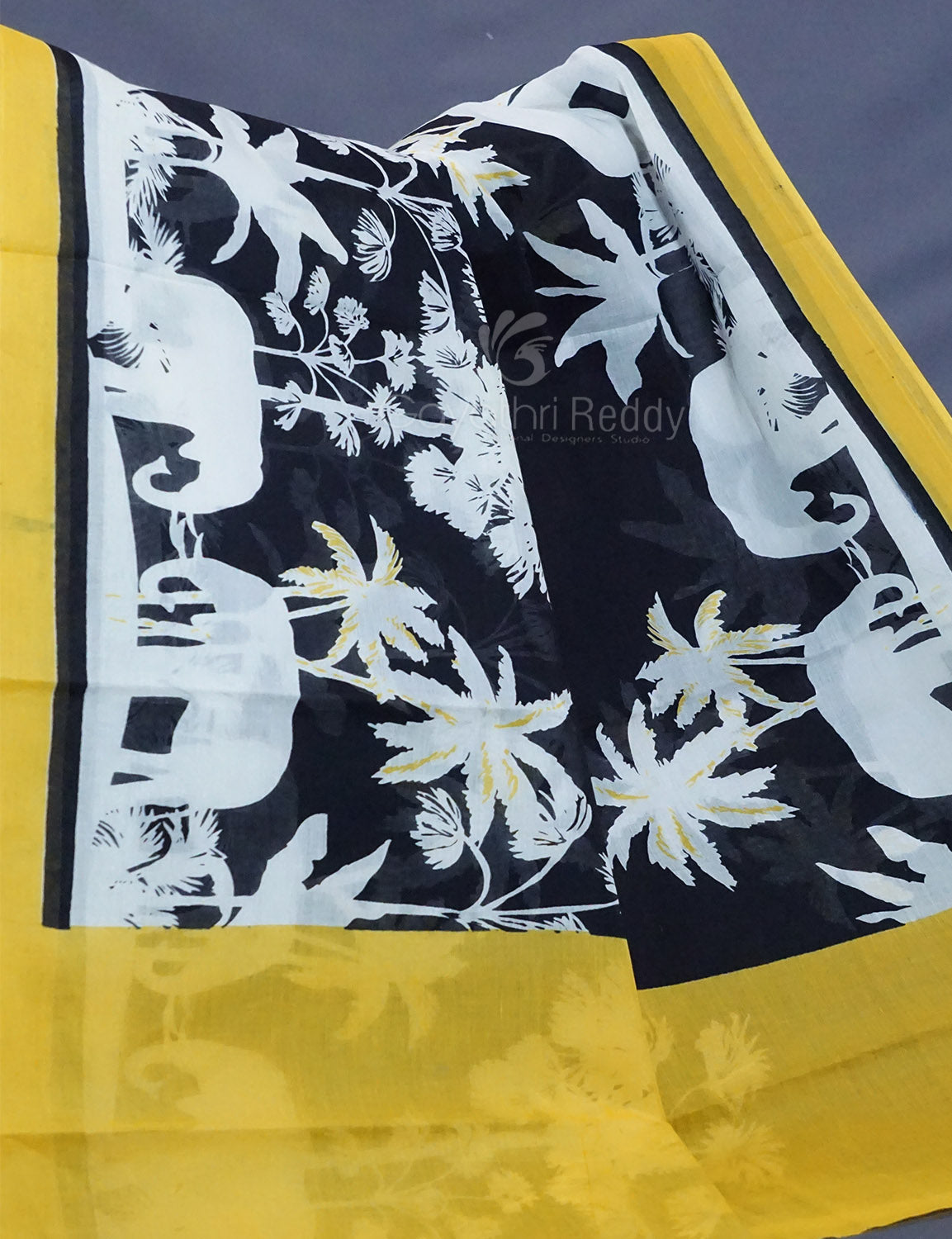 Black And Banana Yellow Colour Block Print Pure Mulmul Cotton Saree By Gayathri Reddy Designer Studio | Swadesiicart
