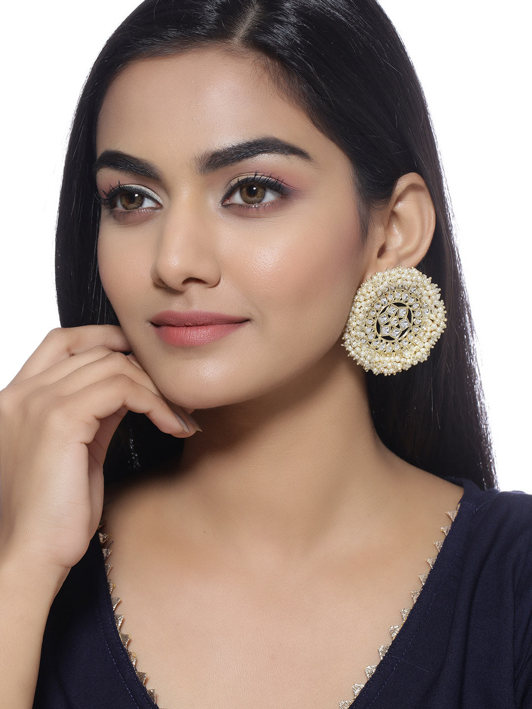Shoshaa off-White Gold-Polished Kundan Studded & Beaded Circular Drop Earrings | Swadesiicart