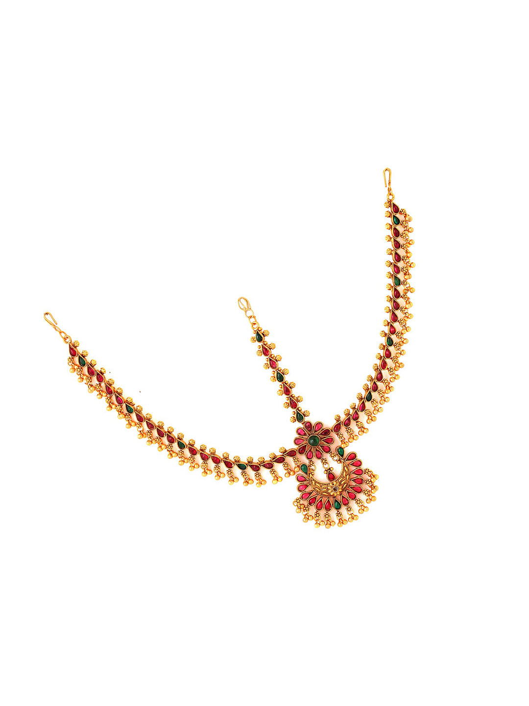 Yellow Chimes Gold-Toned Green Kundan Layered Temple Bridal Traditional Matha Patti | Swadesiicart