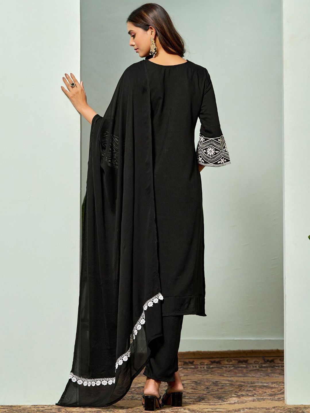 Sangria Chikankari Embroidered Straight Kurta & Trouser With Dupatta | Swadesiicart