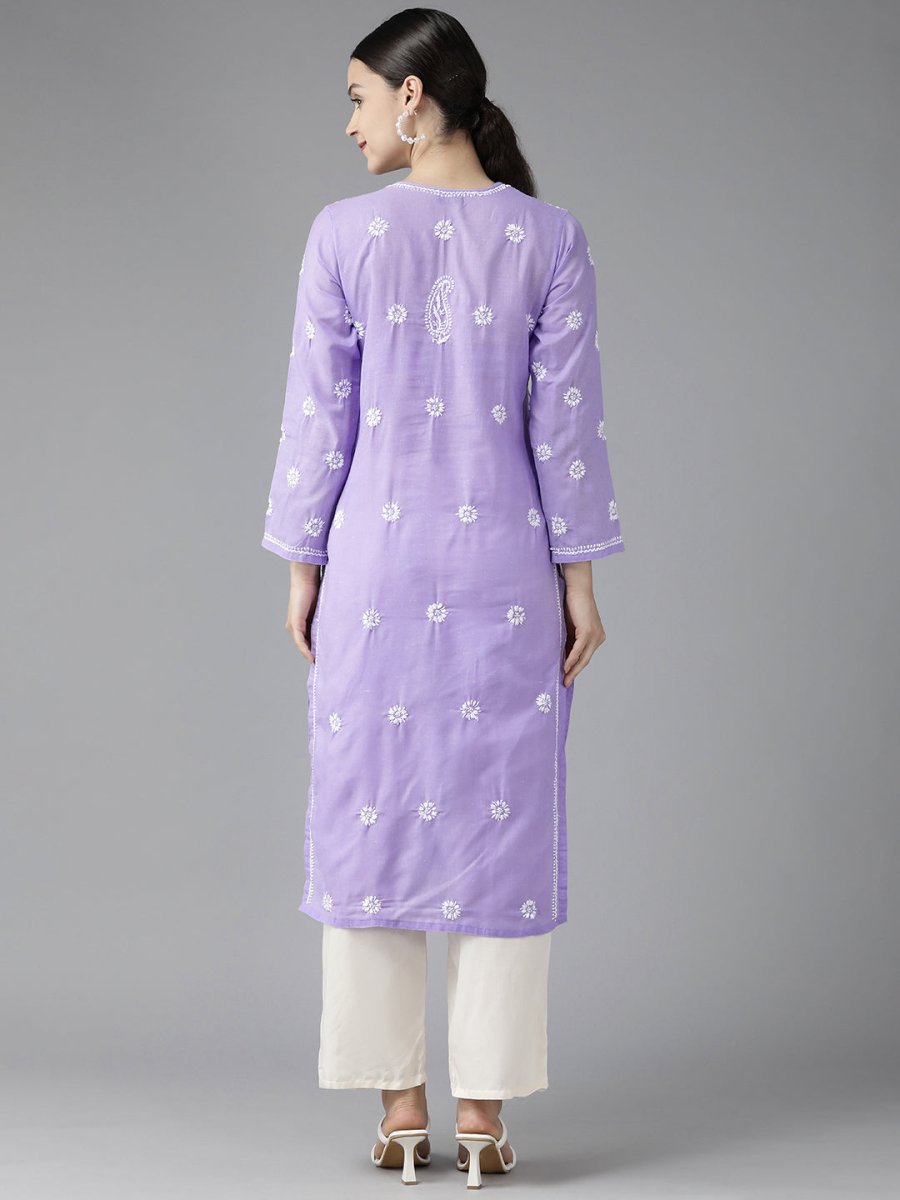 ADA Women Mauve & White Ethnic Motifs Embroidered Chikankari Kurta | Swadesiicart