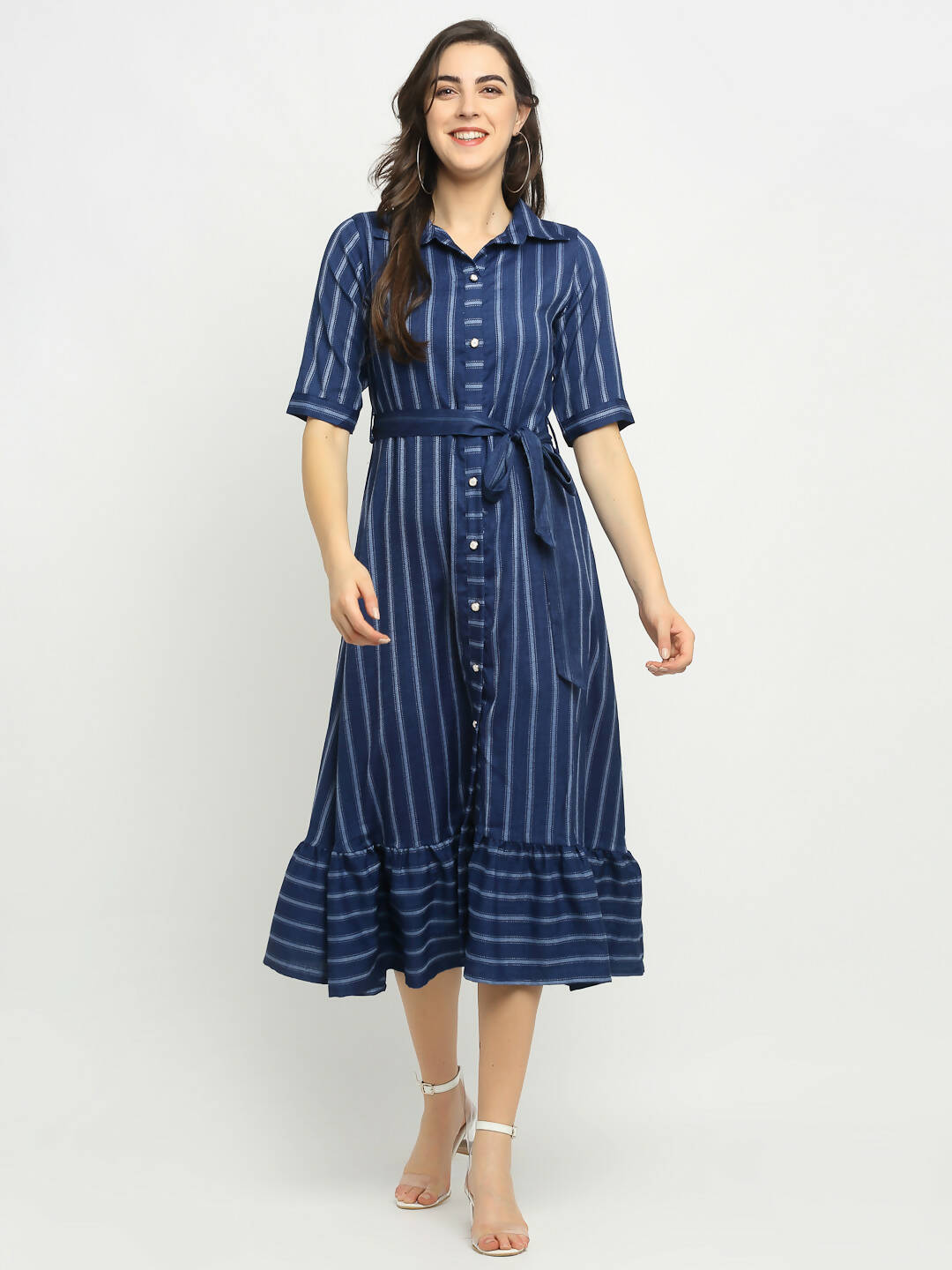 Rudra Bazaar Blue A-Line Striped Kurta | Swadesiicart