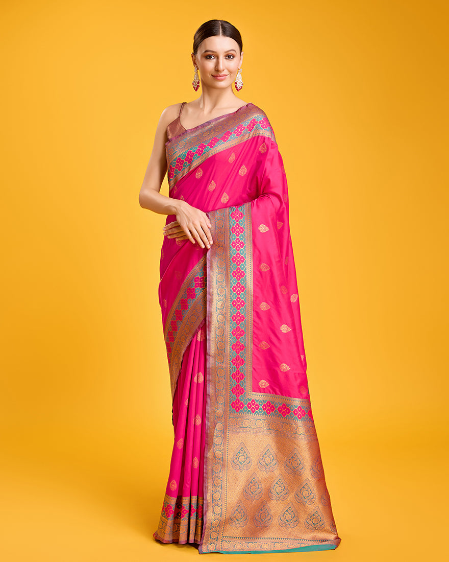 Monjolika Fashion Rani Pink Banarasi Rich Zari Woven Weave For Opulent Charm Silk Saree | Swadesiicart