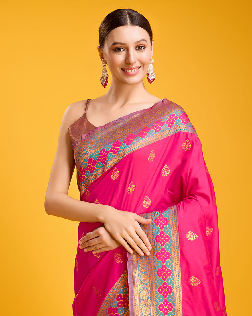 Monjolika Fashion Rani Pink Banarasi Rich Zari Woven Weave For Opulent Charm Silk Saree | Swadesiicart