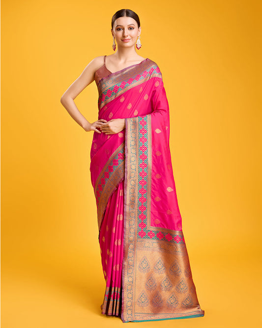 Monjolika Fashion Rani Pink Banarasi Rich Zari Woven Weave For Opulent Charm Silk Saree | Swadesiicart
