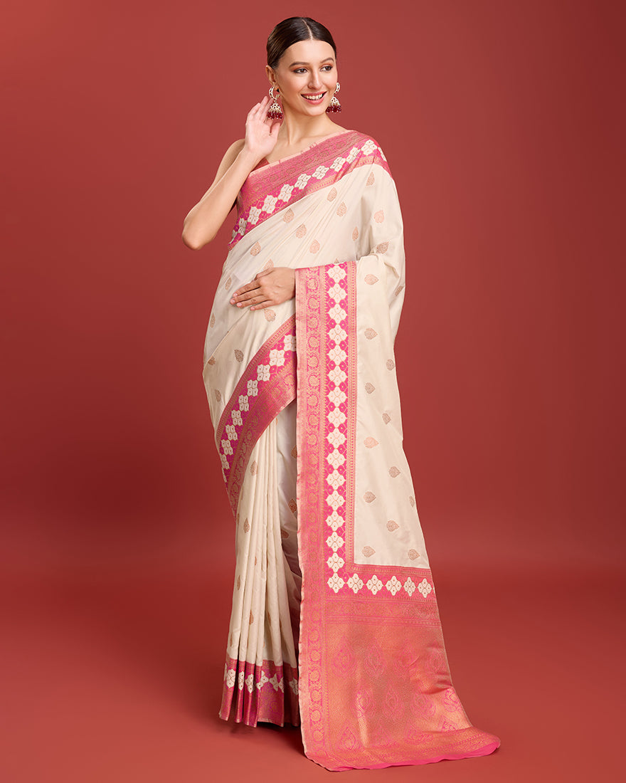 Monjolika Fashion Cream Color Banarasi Rich Zari Woven Weave For Opulent Charm Silk Saree | Swadesiicart
