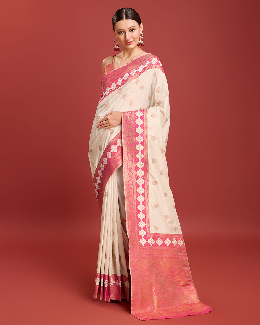 Monjolika Fashion Cream Color Banarasi Rich Zari Woven Weave For Opulent Charm Silk Saree | Swadesiicart