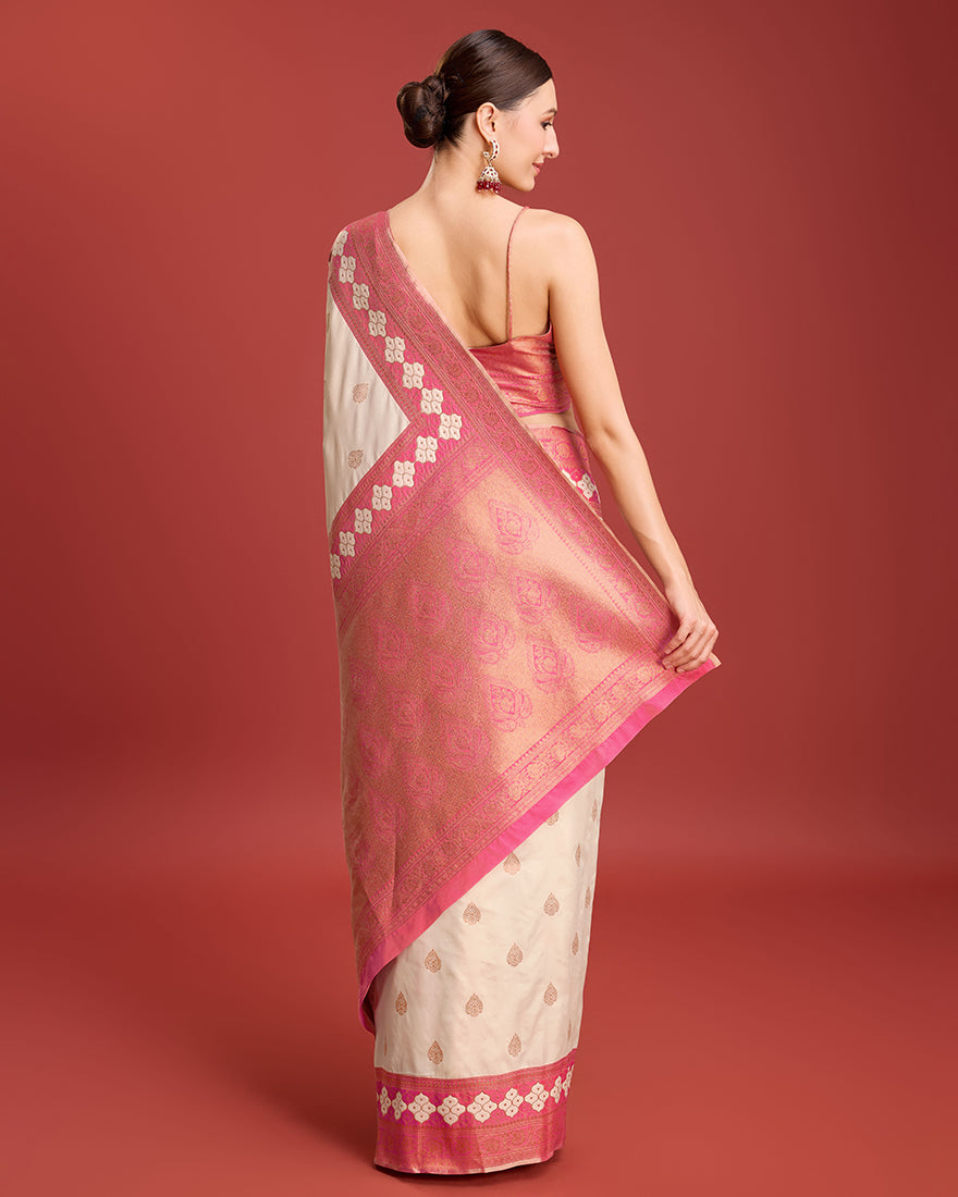 Monjolika Fashion Cream Color Banarasi Rich Zari Woven Weave For Opulent Charm Silk Saree | Swadesiicart