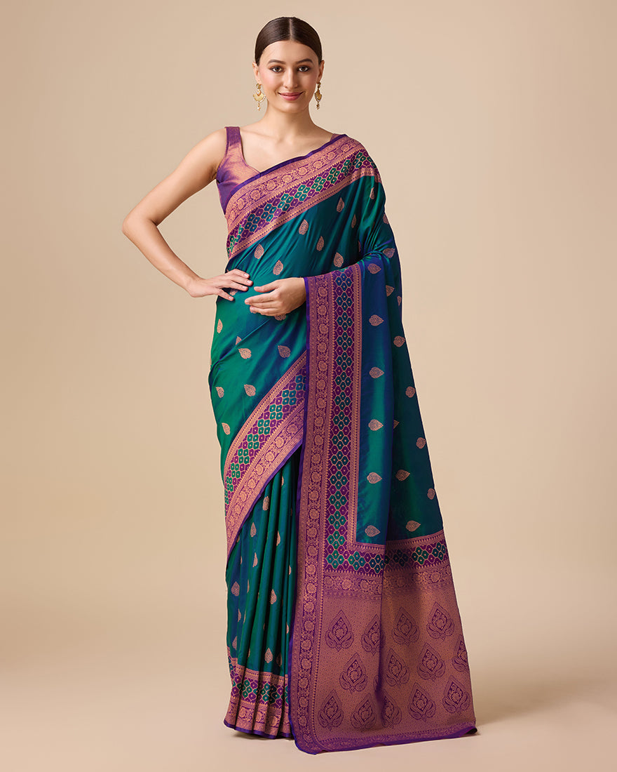 Monjolika Fashion Dark Teal Color Banarasi Rich Zari Woven Weave For Opulent Charm Silk Saree | Swadesiicart