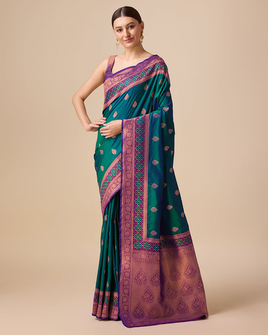 Monjolika Fashion Dark Teal Color Banarasi Rich Zari Woven Weave For Opulent Charm Silk Saree | Swadesiicart
