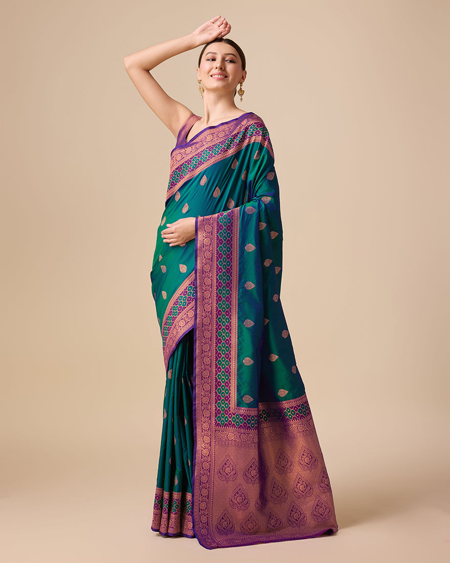 Monjolika Fashion Dark Teal Color Banarasi Rich Zari Woven Weave For Opulent Charm Silk Saree | Swadesiicart