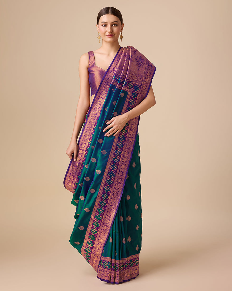 Monjolika Fashion Dark Teal Color Banarasi Rich Zari Woven Weave For Opulent Charm Silk Saree | Swadesiicart