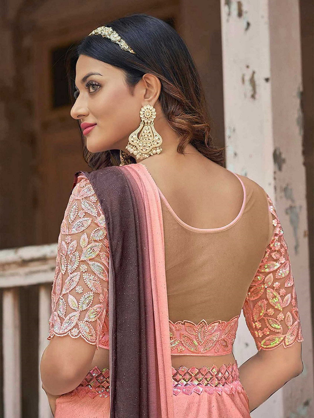 Mitera Pink & Brown Embellished Sequinned Ready to Wear Saree | Swadesiicart
