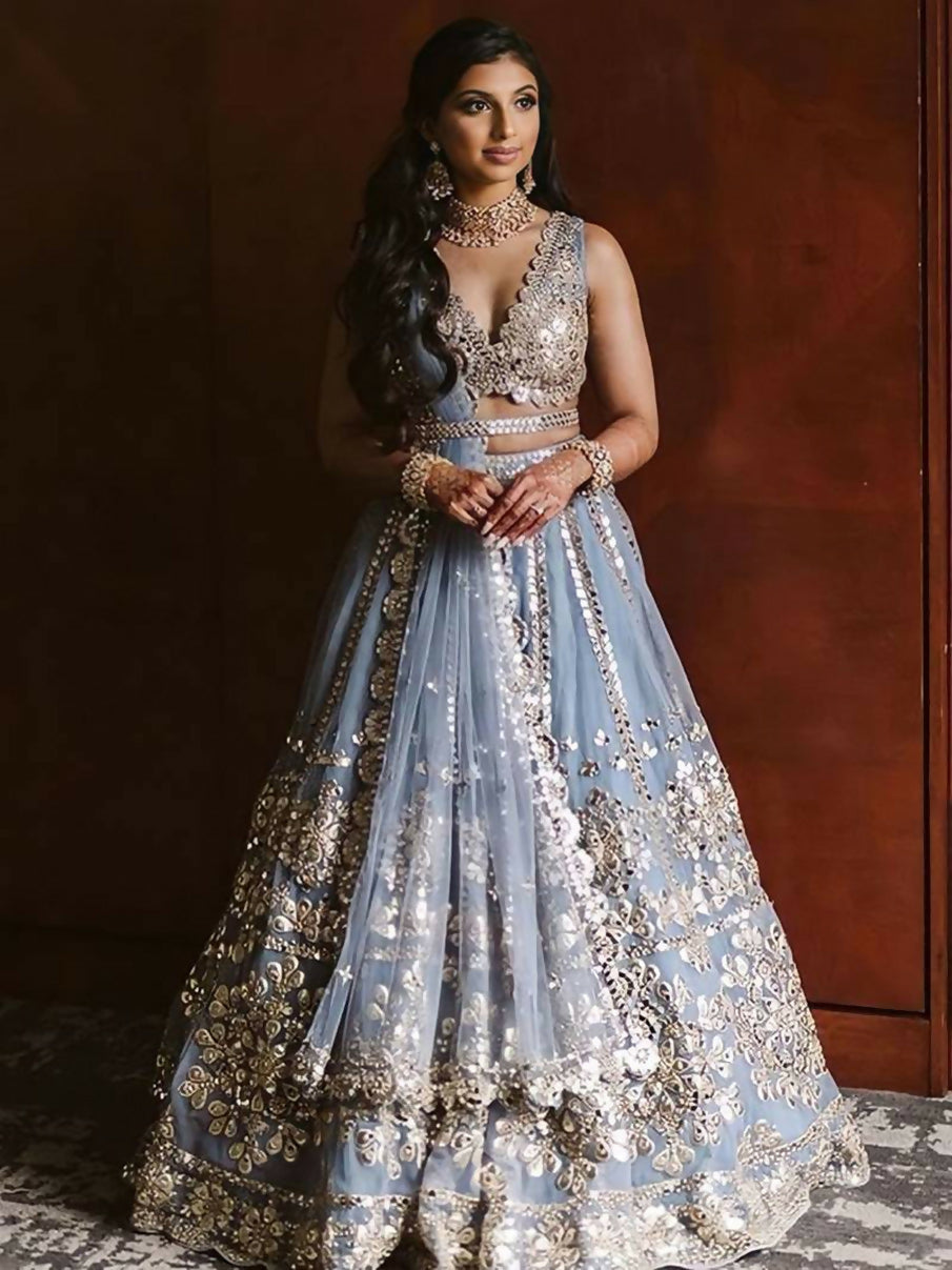 Jyoti Fashion Glamorous Grey Zari With Paper Mirror Embroidered Net Lehenga Choli with Dupatta | Swadesiicart