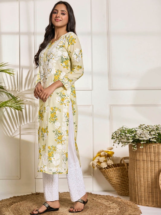 HOUSE OF KARI Floral Embroidered Chikankari Pure Cotton Kurta | Swadesiicart
