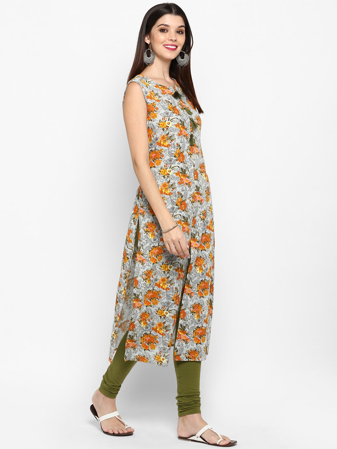 NOZ2TOZ Women's Mustard & Grey Floral Printed Kurta- (1pc set) - Swadesiicart
