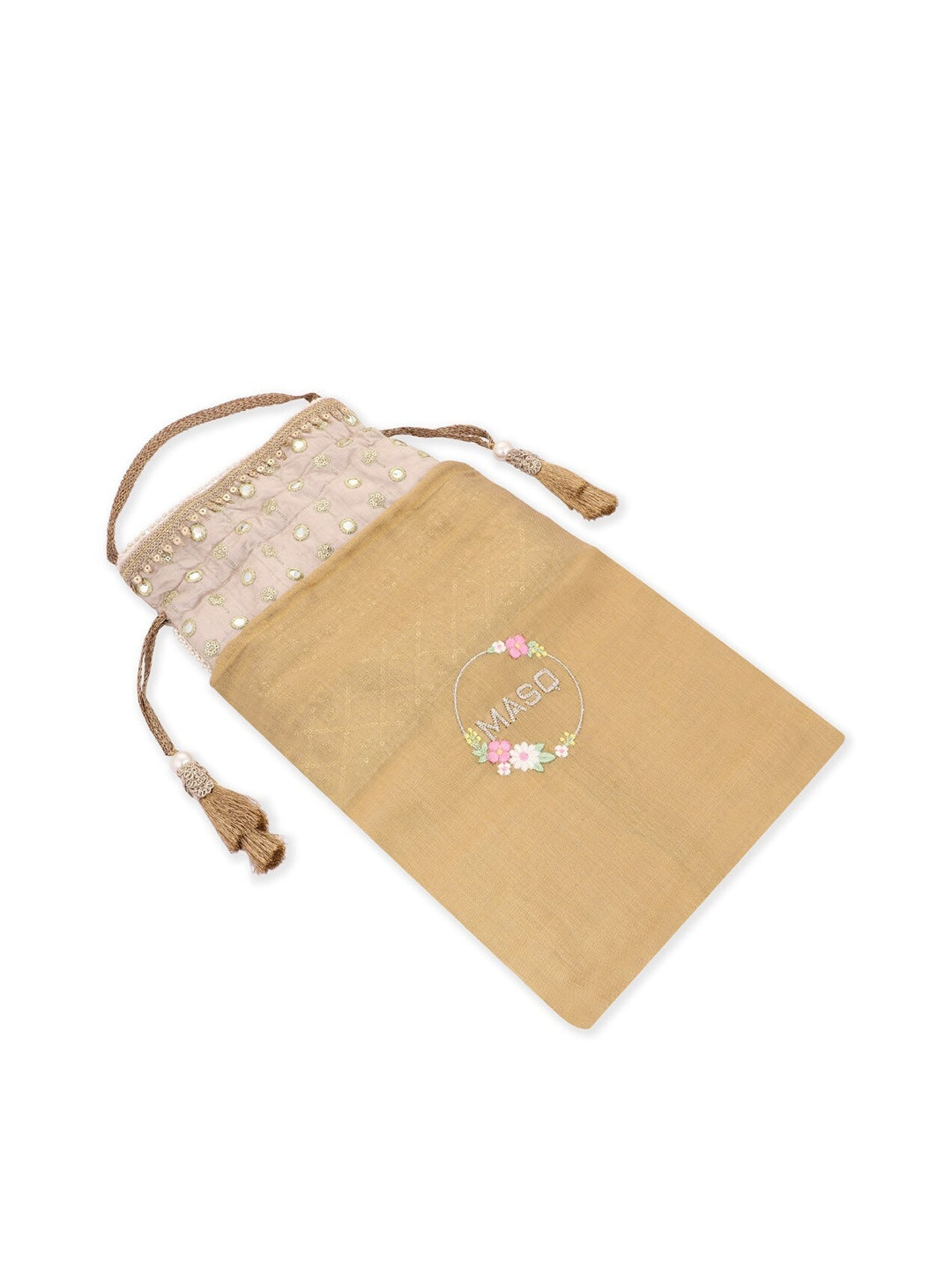 Masq Grey & Gold-Toned Embroidered Potli Clutch - Swadesiicart