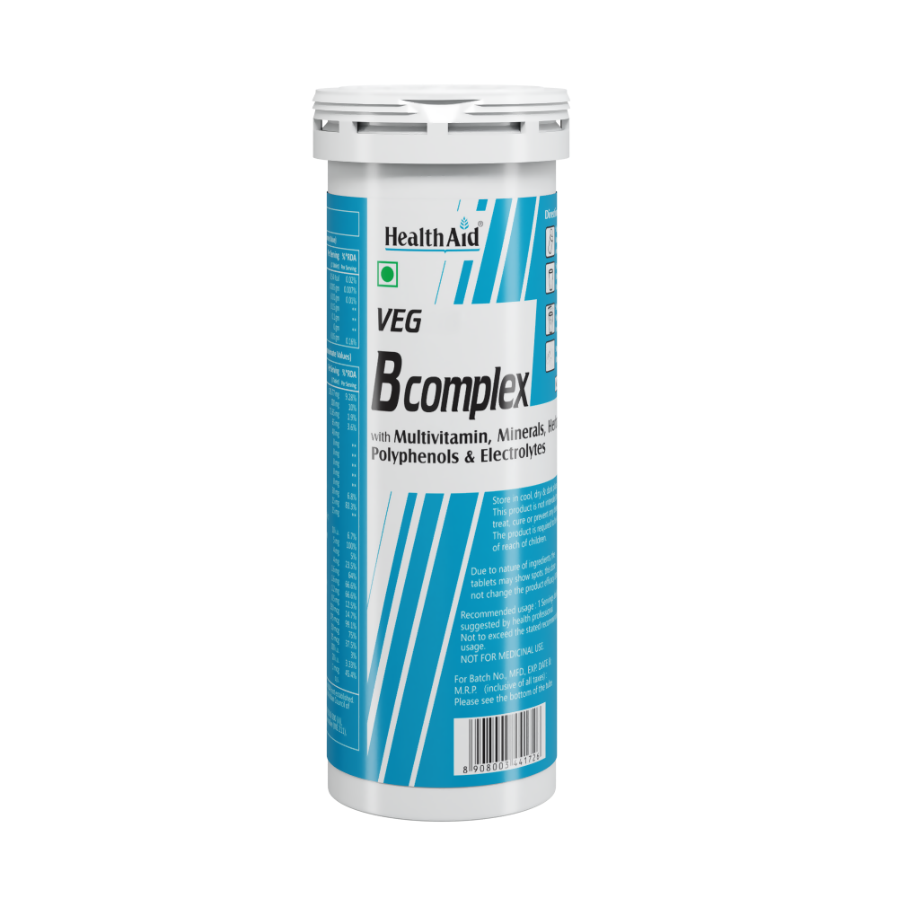 HealthAid Vegan B Complex with Multivitamins & Electrolytes Mango Flavour Effervescent Tablets - HealthAid