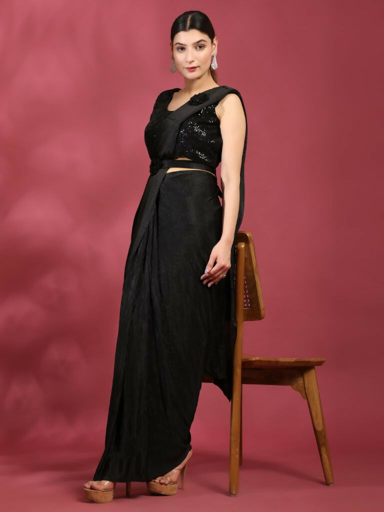 Black Imported Crush Lycra Texture Pattern Ready to Wear Saree with stitched Blouse - Nirvana | Swadesiicart