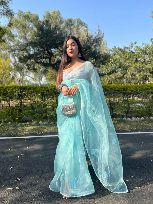 Vamsee Sky Blue Organza Saree - Swadesiicart