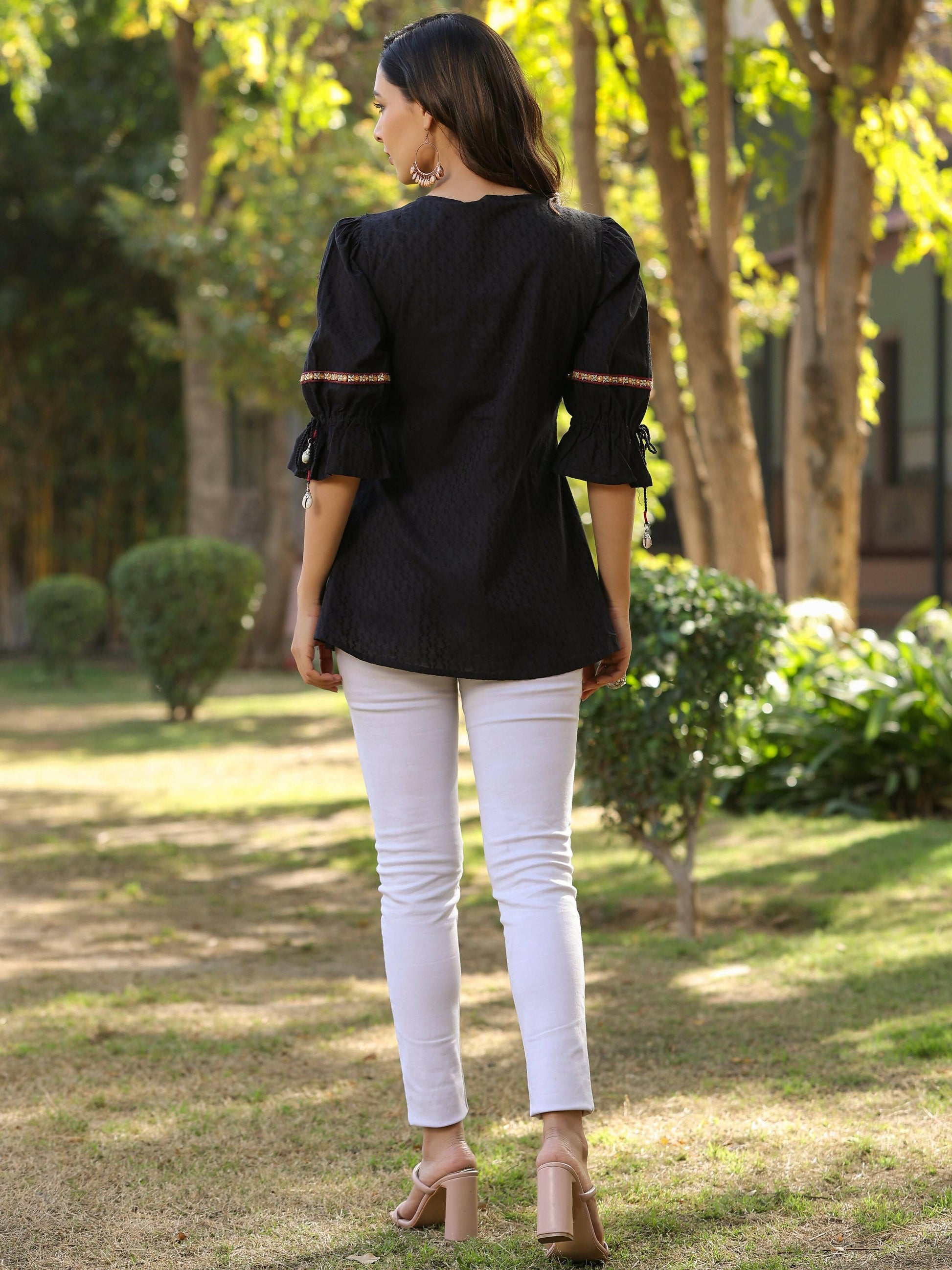 Juniper Women's Black Cotton Solid With Embroidered Straight Tunic | Swadesiicart