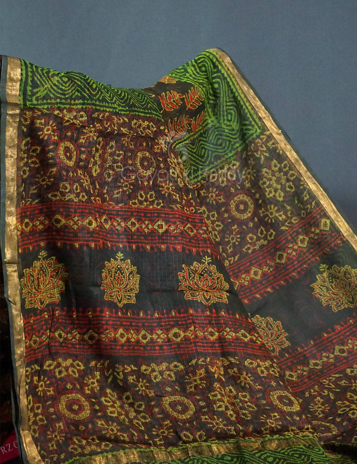 Combo of Green, Red And Yellow Colour Block Print Pure Kota Doria Printed Saree By Gayathri Reddy Designer Studio | Swadesiicart