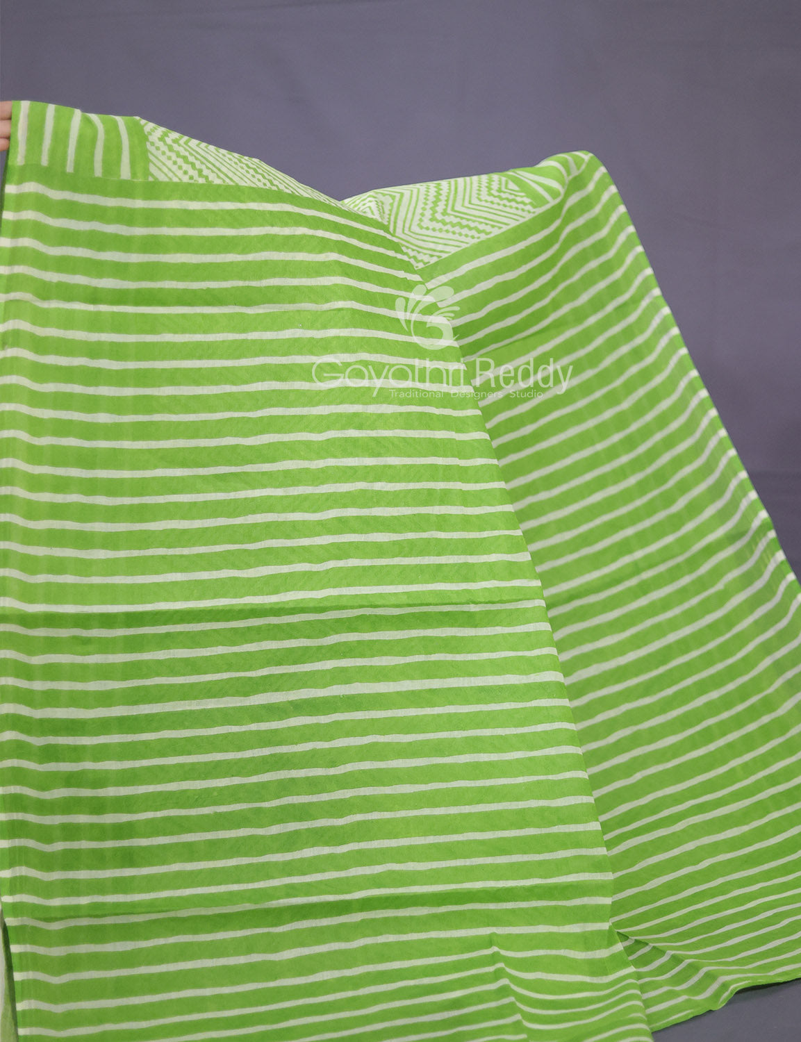 Light Green Colour Combo With Waves Print Pure Mulmul Cotton Saree By Gayathri Reddy Designer Studio | Swadesiicart