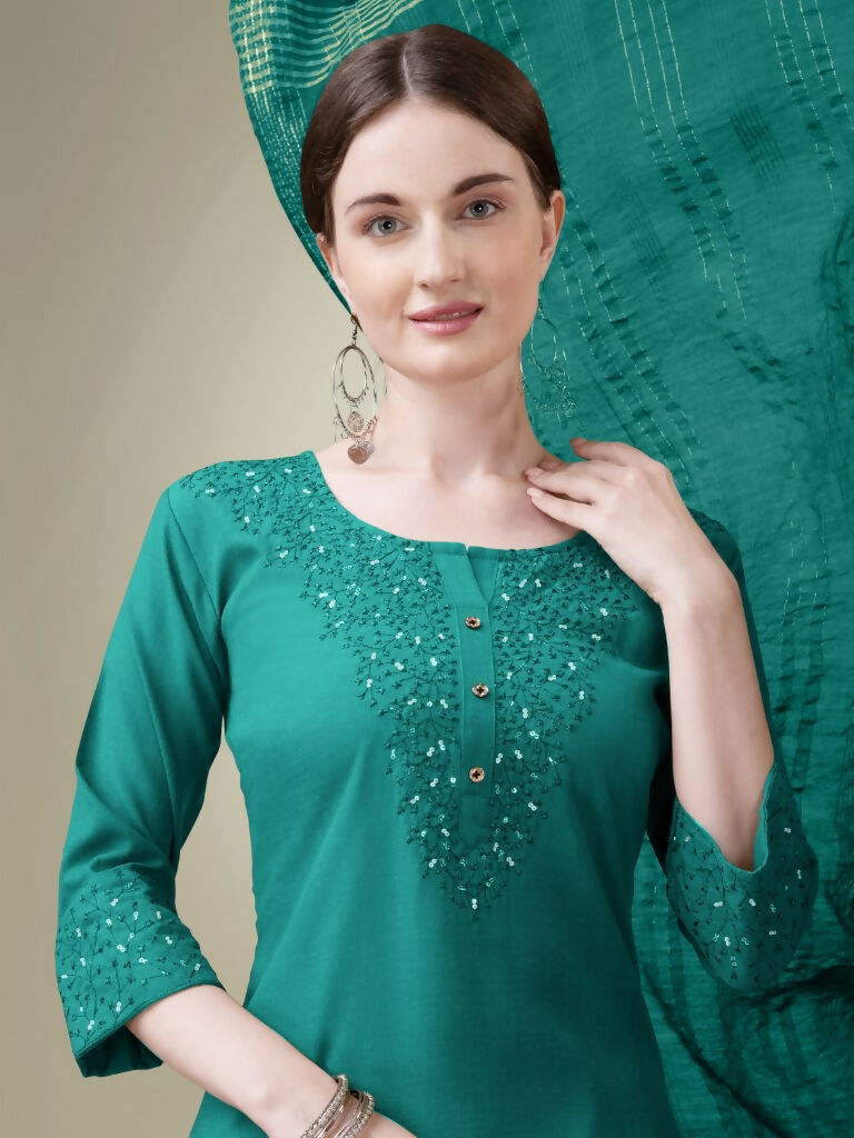 Jyoti Fashion Women's Teal Cotton Blend Embroidery & Sequence work Kurta with Trouser & Dupatta | Swadesiicart