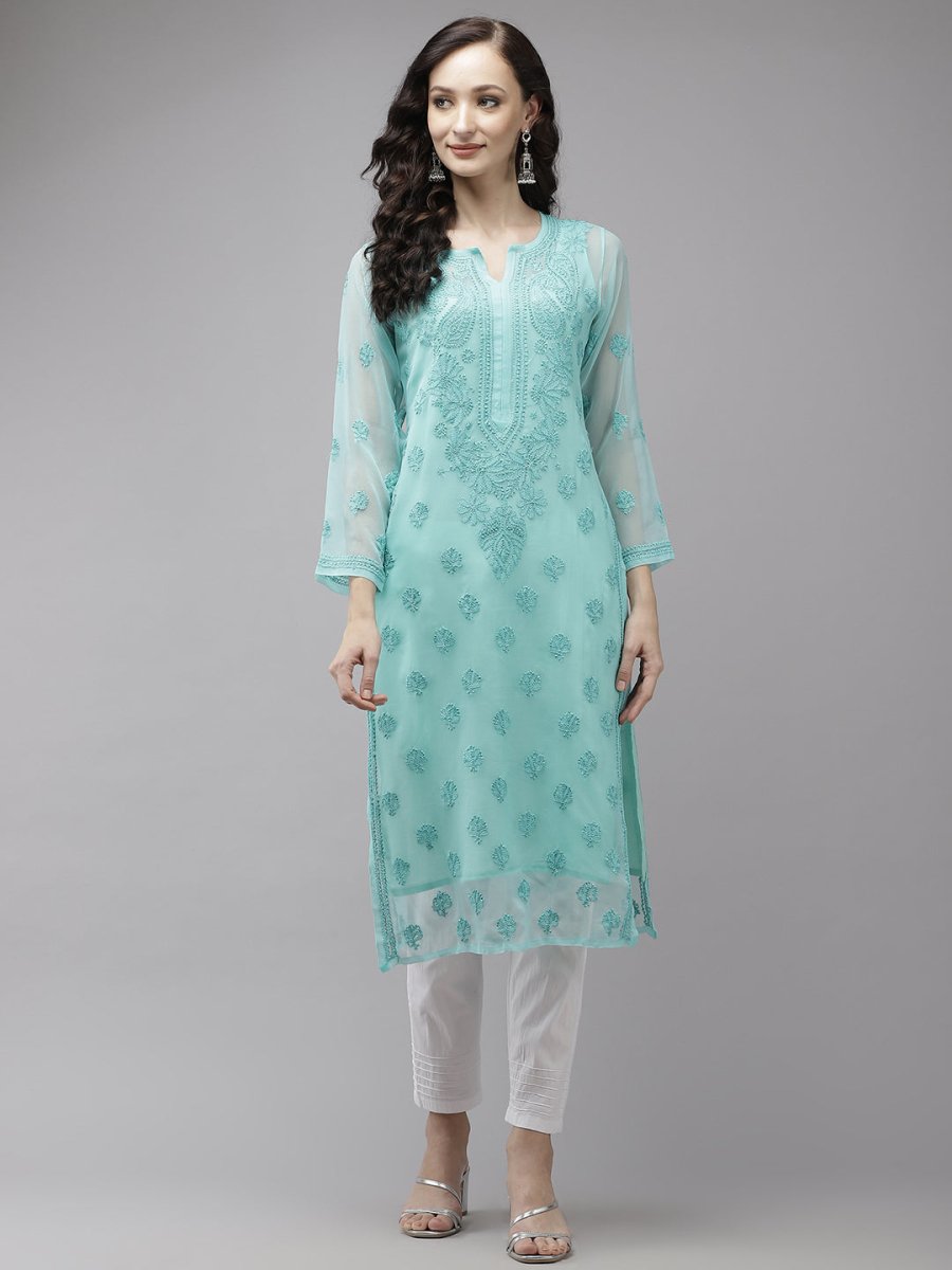 ADA Women Sea Green Embroidered Regular Chikankari Handloom Kurta with Trousers | Swadesiicart