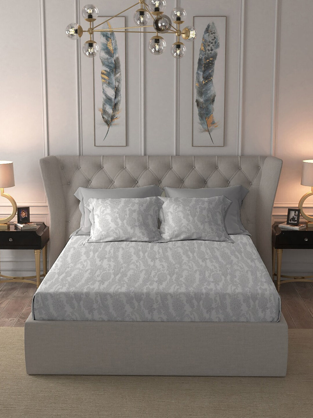 MYTRIDENT Nectarsoft Grey White Pure Cotton 400 TC King Bedsheet with 4 Pillow Covers - Swadesiicart