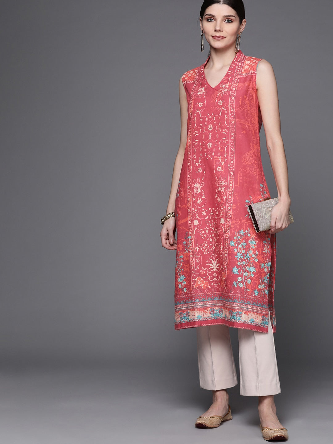 Biba Women Pink Pure Cotton Ethnic Motifs Printed V-Neck Sleeveless Kurta - Swadesiicart