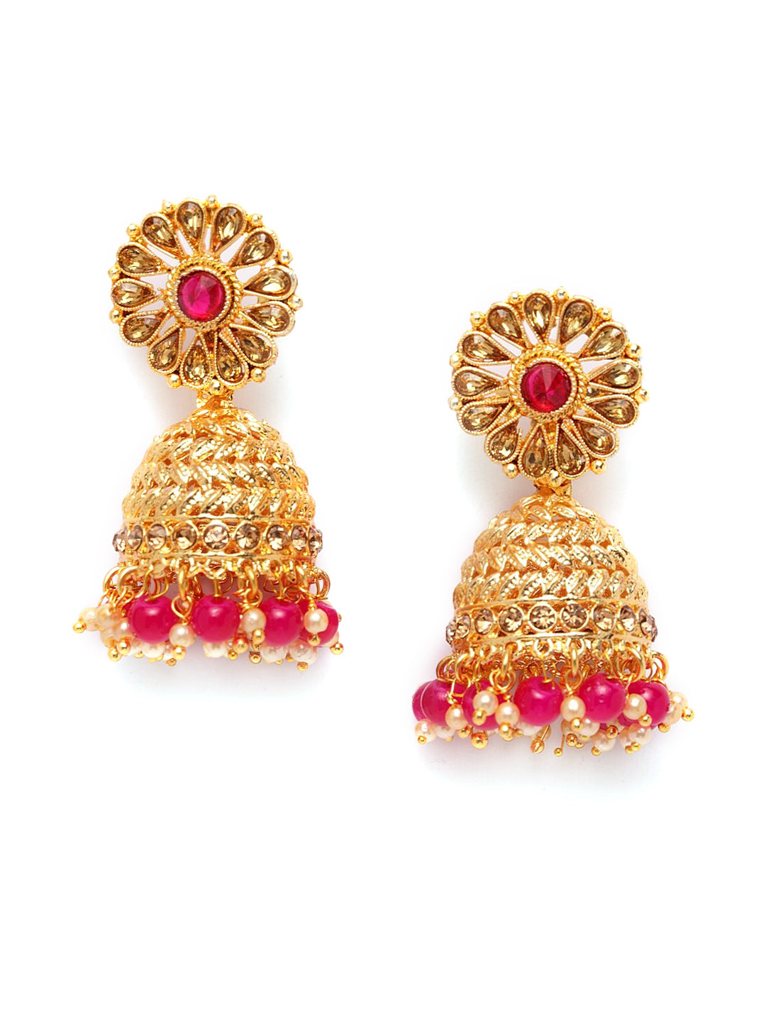 Shining Diva Gold-Polished Pink Dome Shaped Jhumkas | Swadesiicart